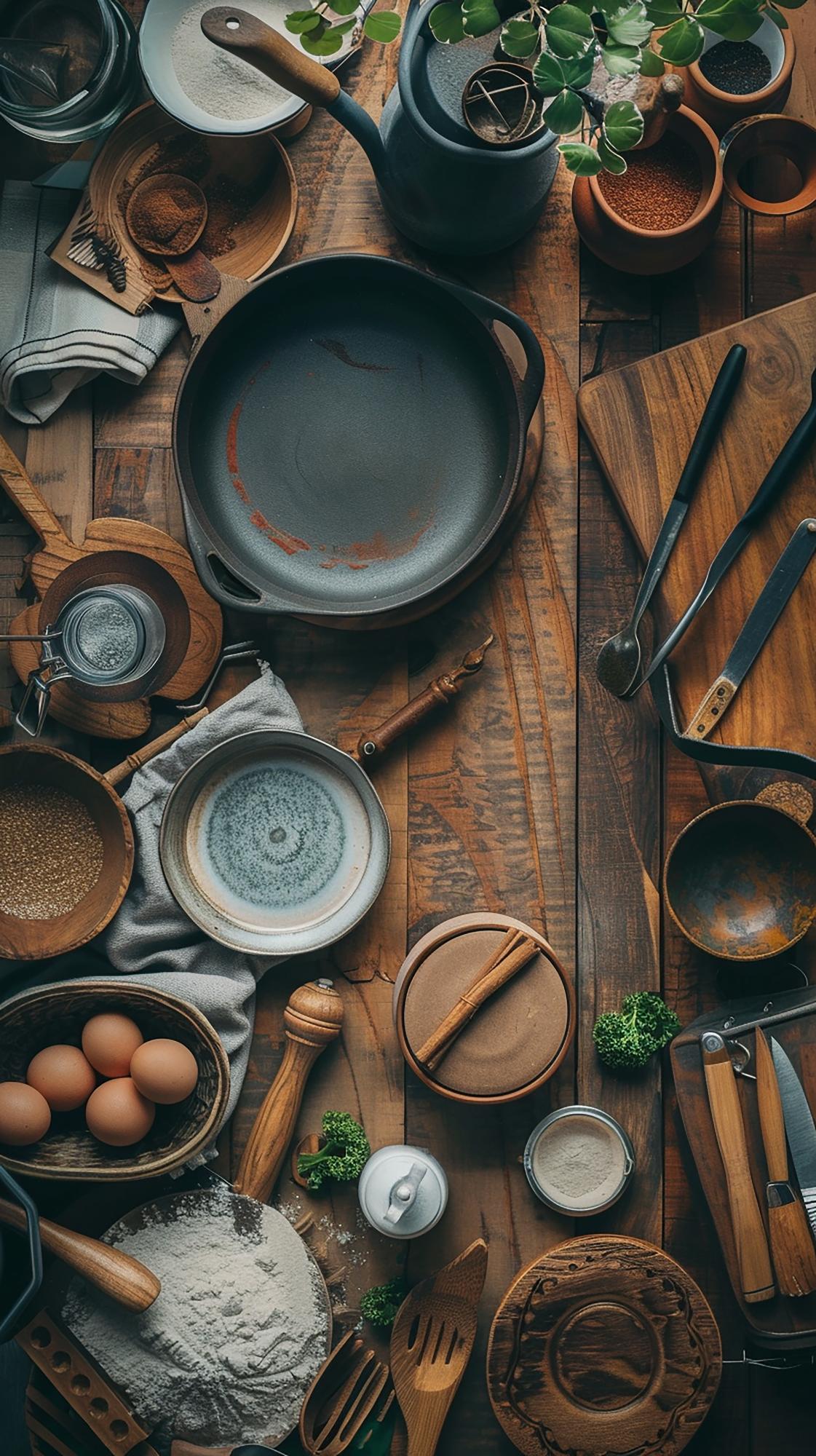 Kitchen studio with wooden table and utensils